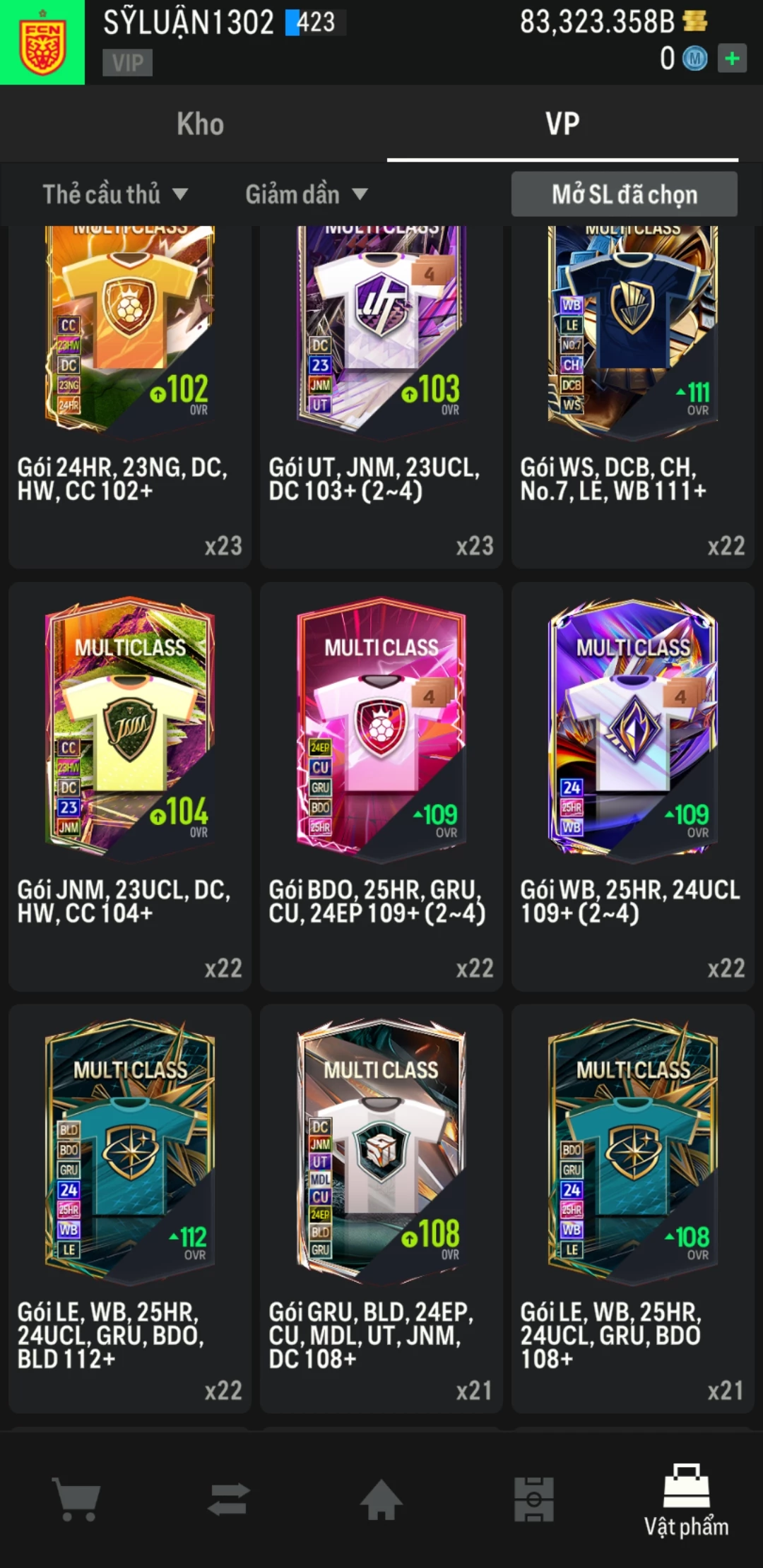 Ảnh ACC mở thẻ (LOẠI SVIP PROMAX) bao gồm có 01 thẻ +12, 03 thẻ PRIME (QH+, CP+, XS+) và hơn 1600+ đến 3500+ thẻ cầu thủ từ Siêu sao đến Miền núi các loại. Acc có sẵn BP trắng từ 55.000 tỷ BP đến 90.000 tỷ BP